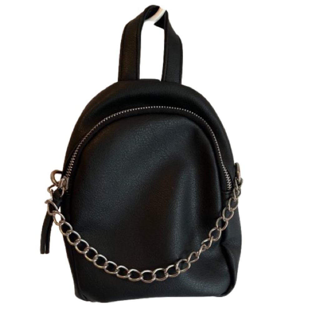 Black Faux Leather Backpack with Chain Detail